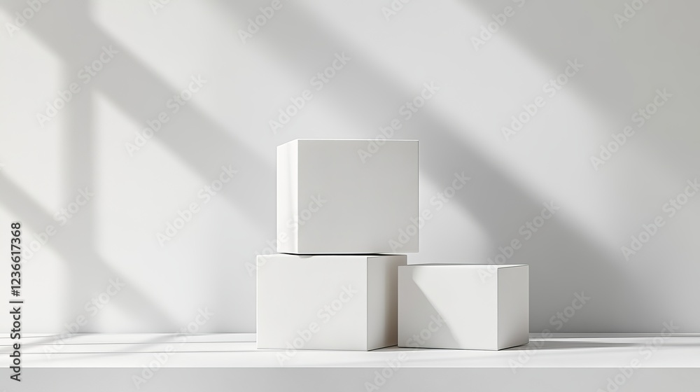 Minimalist Composition Featuring Three White Boxes Neatly Arranged on a Sleek Shelf in Front of a Bright White Wall Creating a Clean and Modern Aesthetic in a Contemporary Space