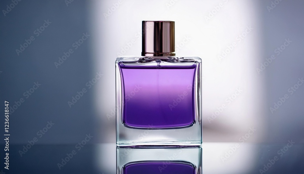 Elegant Blank Perfume Bottle Mockup with Purple Liquid in a Cool Temperature. Perfume with Reflection Background and Natural Daylight. Elegant Blank Perfume Bottle Mockup with Purple Liquid in a Cool Temperature. Perfume with Reflection Background and Natural Daylight.