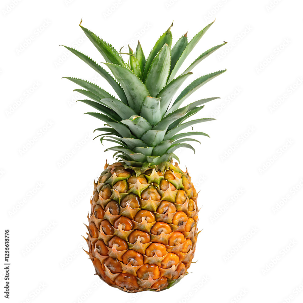 Fototapeta premium Fresh Ripe Pineapple with Green Spiky Leaves Isolated on White Background – Tropical Exotic Fruit for Healthy Eating and Refreshing Summer Vibes