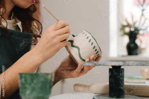 Painter is drawing and making a colorful decoration of a clay ware. Female artist is painting earthenware with paintbrush and water colors in the workshop. photo