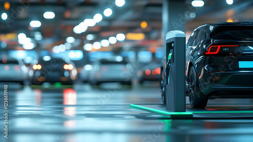 Wallpaper Mural Electric vehicle charging station in focus with multiple cars blurred in the background, highlighting green energy solutions  -   Torontodigital.ca