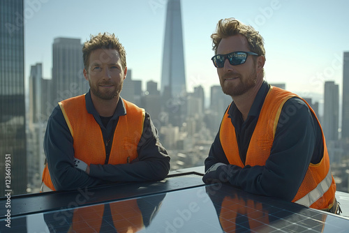 Workers safely installing solar panels on modern rooftop with city skyline in background, showcasing teamwork and dedication to renewable energy