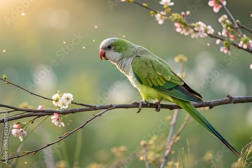 Monk Parakeet perched gracefully on a delicate branch. The bird's feathers are captured in sharp focus, showcasing their vibrant hues and intricate textures