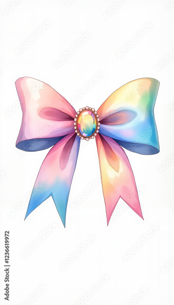 Colorful satin hair bow with gemstone accent on white background, elegance Colorful satin hair bow with gemstone accent on white background, elegance
