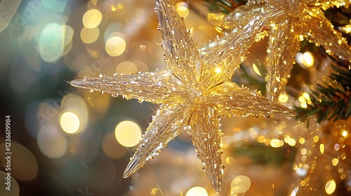 Close-up of a radiant Christmas tree decorated with sparkling lights and gold stars, surrounded by a dreamy bokeh background.