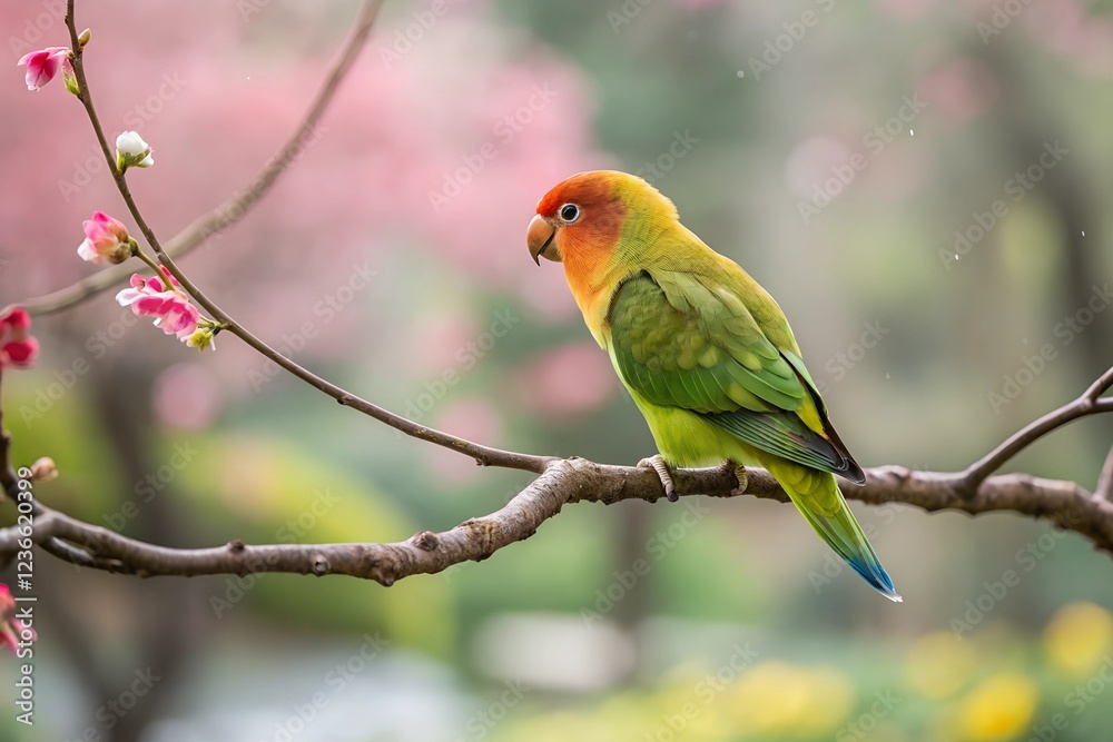 Lovebird perched gracefully on a delicate branch. The bird's feathers are captured in sharp focus, showcasing their vibrant hues and intricate textures. Lovebird perched gracefully on a delicate branch. The bird's feathers are captured in sharp focus, showcasing their vibrant hues and intricate textures.