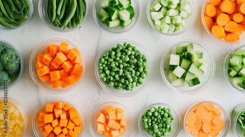 Colorful Chopped Vegetables in Bowls: A vibrant assortment of diced carrots, peas, cucumbers, and more, perfectly prepared for a healthy meal or snack.
