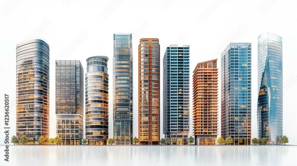 Obraz premium Skyline Featuring a Row of Sleek Glass and Steel Highrise Buildings