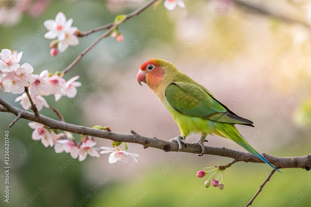 Lovebird perched gracefully on a delicate branch. The bird's feathers are captured in sharp focus, showcasing their vibrant hues and intricate textures. Lovebird perched gracefully on a delicate branch. The bird's feathers are captured in sharp focus, showcasing their vibrant hues and intricate textures.