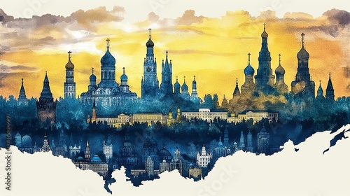 Stunning Watercolor Panorama of Moscow's Kremlin and Churches at Sunset