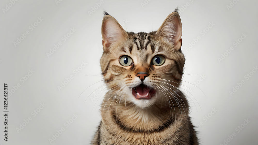 Astonished Tabby Cat with Wide Green Eyes, Fluffy Whiskers, and Slightly Open Mouth Expressing Pure Surprise and Curiosity in a Close-Up Studio Portrait with Soft Lighting and a Neutral Background Astonished Tabby Cat with Wide Green Eyes, Fluffy Whiskers, and Slightly Open Mouth Expressing Pure Surprise and Curiosity in a Close-Up Studio Portrait with Soft Lighting and a Neutral Background