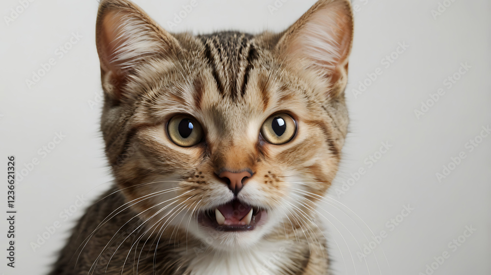 Astonished Tabby Cat with Wide Green Eyes, Fluffy Whiskers, and Slightly Open Mouth Expressing Pure Surprise and Curiosity in a Close-Up Studio Portrait with Soft Lighting and a Neutral Background