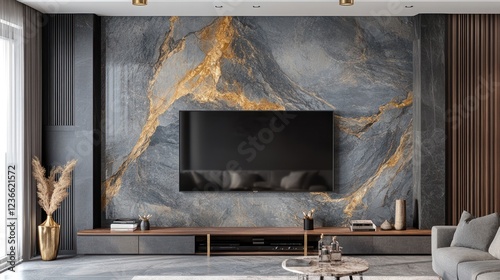 Modern living room with marble wall, TV, and minimalist furniture photo