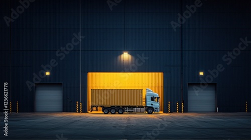 A truck parked in front of a brightly lit warehouse at night, showcasing logistics in action. photo