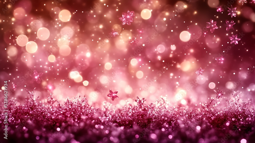 Sparkling Pink Glitter Background With Festive Flowers Sparkling Pink Glitter Background With Festive Flowers