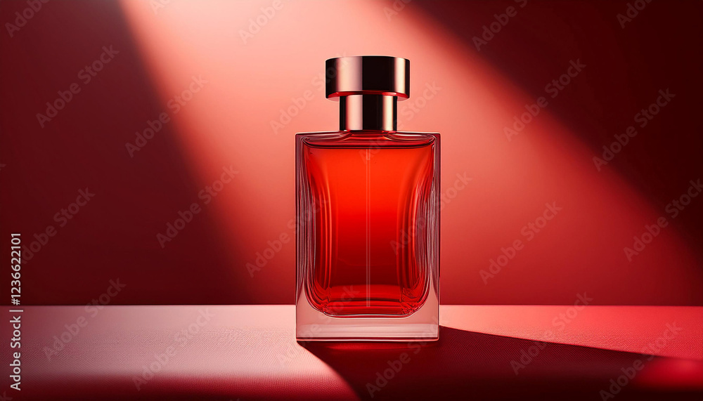 Elegant Blank Perfume Bottle Mockup with Red Liquid in a Warm Temperature. Perfume with Red Background and Natural Daylight. Elegant Blank Perfume Bottle Mockup with Red Liquid in a Warm Temperature. Perfume with Red Background and Natural Daylight.