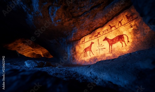 Ancient cave art depicting animals and human figures in a dimly lit setting