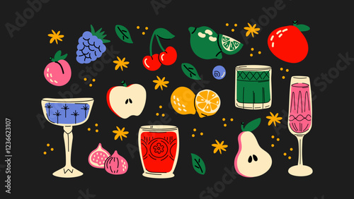 Cartoon stickers cocktails in glass jars and glasses, set of alcoholic drinks and fruits. Retro cans of refreshing drinks with ice for party. cocktail ingredients. trending doodle stickers
