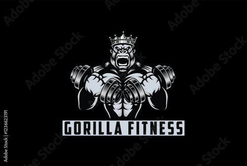 Gorilla Gym Fitness logo vector with crown and dumbbell - Gorilla fitness logo vector design emblem icon photo