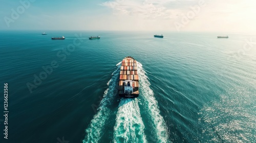 Aerial view of a cargo ship navigating through calm blue waters.