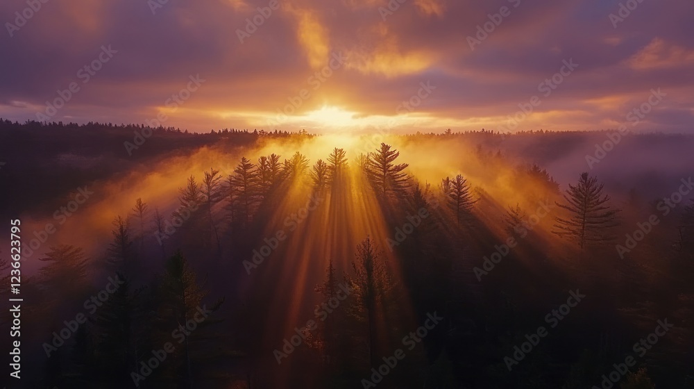 Sunbeams Illuminate Misty Forest at Sunrise Sunbeams Illuminate Misty Forest at Sunrise