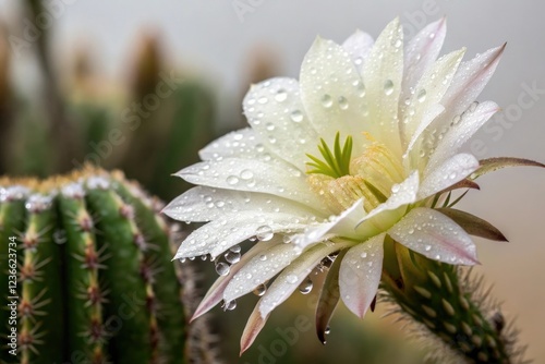 Single cactus flower tip with a cluster of tiny water droplets, succulent, nature, cactus, close up