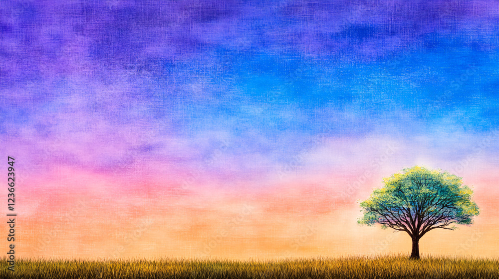 Fototapeta premium vibrant sunset sky with purple, blue, and orange hues surrounds solitary tree in grassy field, creating serene and peaceful atmosphere