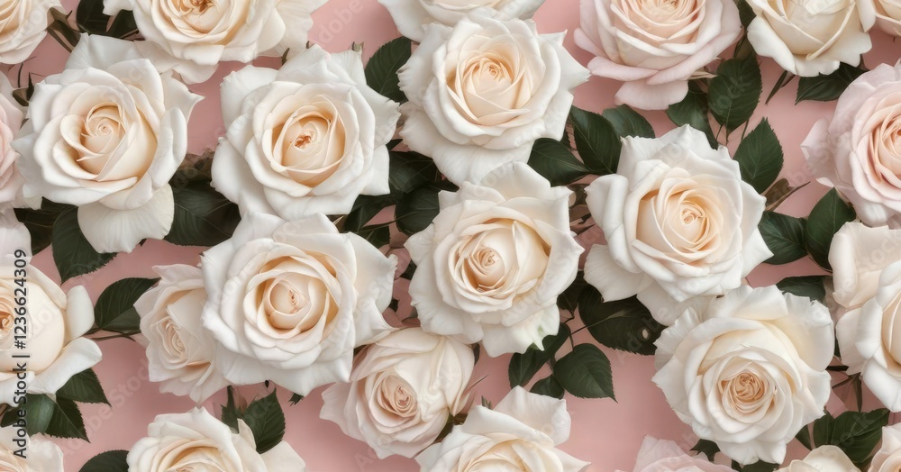 Seamless pattern of white roses on a light pink background for a minimalist look, serene, elegance Seamless pattern of white roses on a light pink background for a minimalist look, serene, elegance