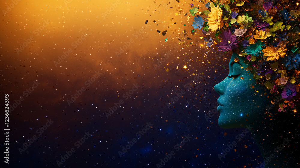 Obraz premium surreal illustration of woman profile adorned with colorful flowers, set against cosmic background. vibrant colors evoke sense of wonder and imagination
