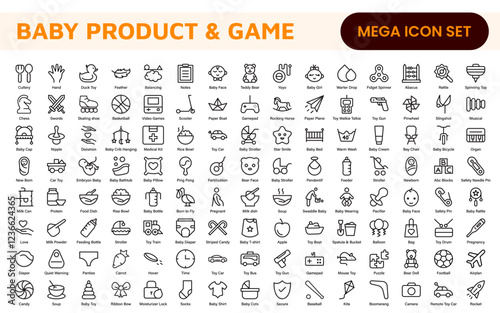 Baby Product and Game Icon Set. A charming collection of icons designed for parents and caregivers, perfect for websites, apps, and marketing materials focused on baby products and playful learning.