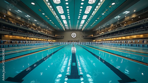 Indoor Olympic-size swimming pool with spectators' seating.