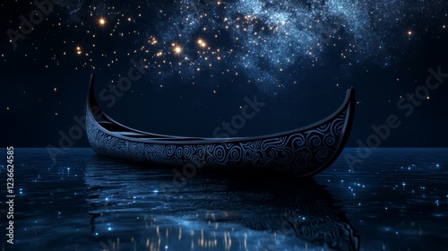 Guided by the Matariki stars, the traditional Maori canoe navigates the tranquil night waters