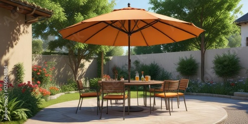 Round garden grill with a large umbrella providing shade nearby, BBQ tools, garden decoration, outdoor eating
