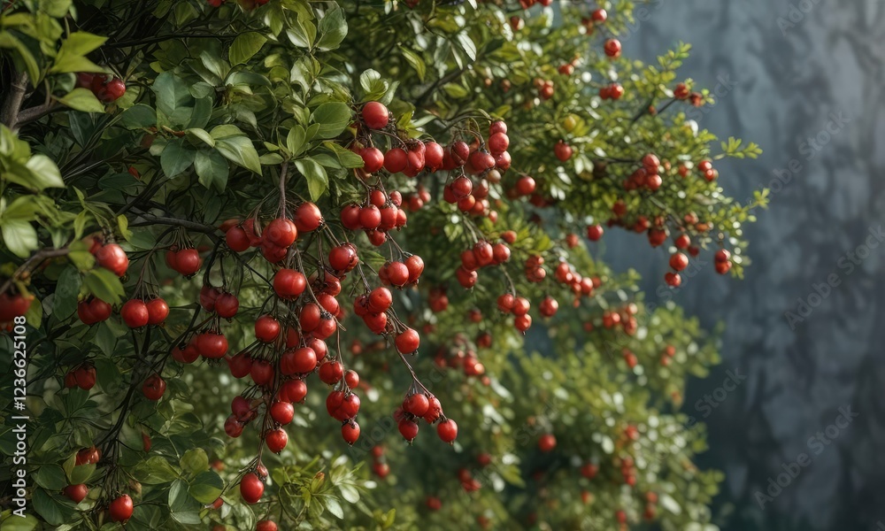 Rose hip bush with clusters of deep red berries hanging down , flowers, bushes Rose hip bush with clusters of deep red berries hanging down , flowers, bushes