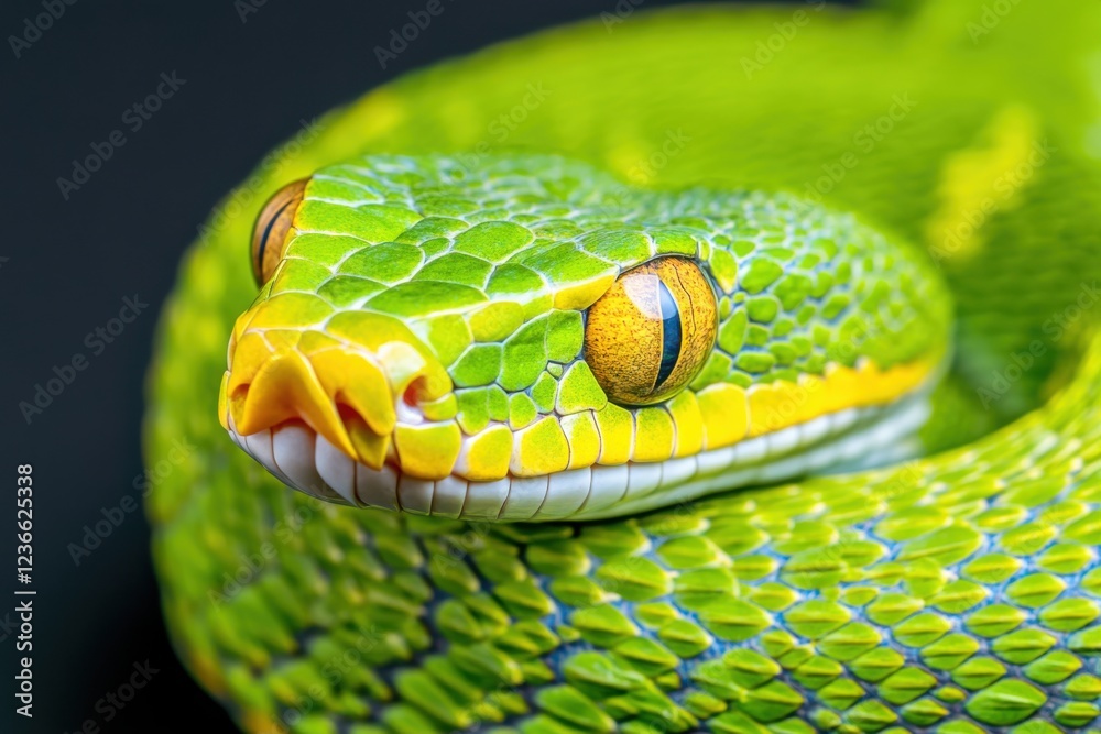 Fototapeta premium Close-up view of an emerald green snake displaying intricate scales on a dark background creating an exotic and dramatic effect