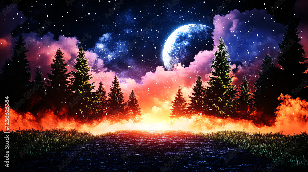 mystical landscape featuring vibrant sunset, towering trees, and starry night sky with large moon. scene evokes sense of wonder and tranquility mystical landscape featuring vibrant sunset, towering trees, and starry night sky with large moon. scene evokes sense of wonder and tranquility