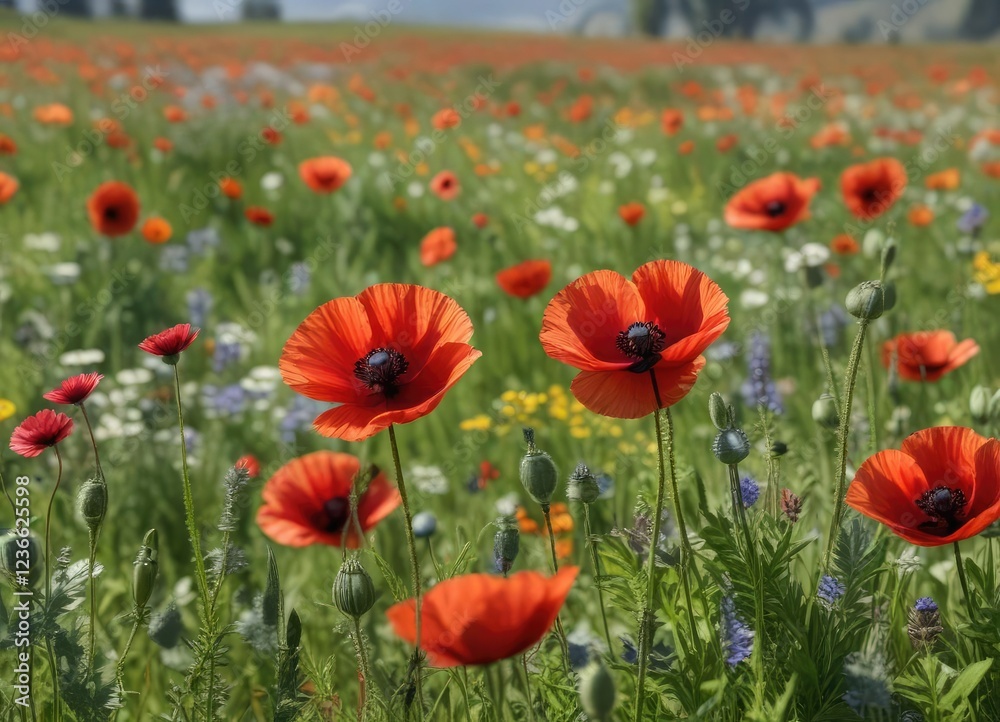 Naklejka premium Red poppy blooms with other wildflowers in a meadow, nature photography, botanical garden, clear blue sky