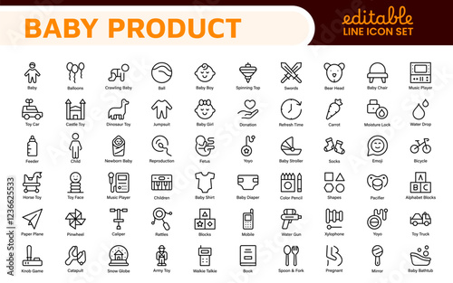 Baby Product and Game Icon Set. A charming collection of icons designed for parents and caregivers, perfect for websites, apps, and marketing materials focused on baby products and playful learning.
