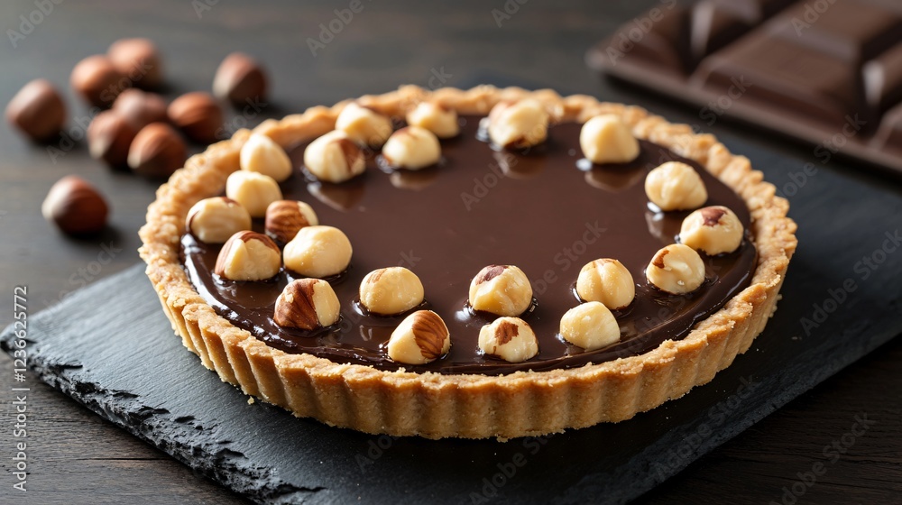 A chocolate cheesecake tart with a buttery shortbread crust, topped with roasted hazelnuts, placed on a dark rustic table A chocolate cheesecake tart with a buttery shortbread crust, topped with roasted hazelnuts, placed on a dark rustic table