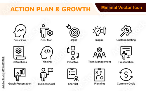 Line icons about action plan. Contains such icons as search strategy, target, scheme, timeline and workflow.Action plan set of web icons in line style. Strategy action planning icons.