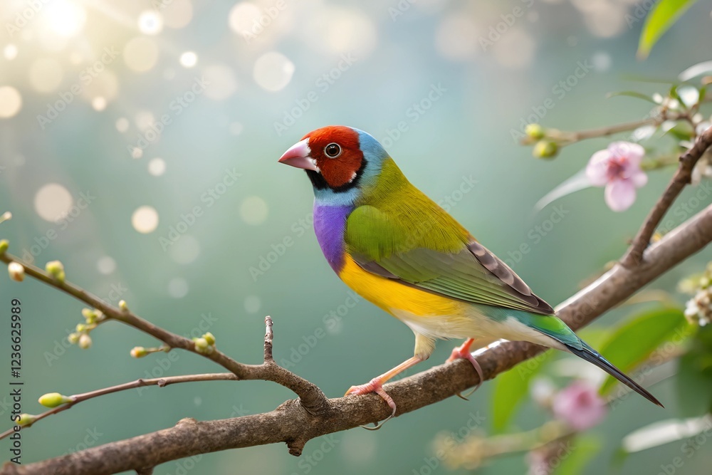 Gouldian Finch perched gracefully on a delicate branch. Gouldian Finch perched gracefully on a delicate branch.