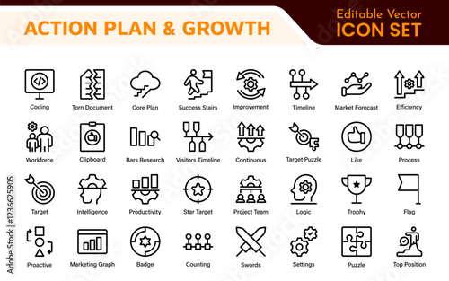 Line icons about action plan. Contains such icons as search strategy, target, scheme, timeline and workflow.Action plan set of web icons in line style. Strategy action planning icons.