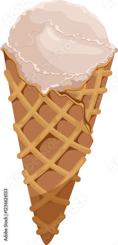 Vector illustration of ice cream in a waffle cone. Ice cream with a white scoop isolated on a white background, idea for a poster, postcard, t-shirt. print, advertising, sweet, food,
