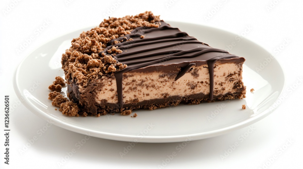 A deconstructed chocolate cheesecake dessert, with layers of cocoa crumble, rich filling, and chocolate drizzle, isolated on a gourmet white plate A deconstructed chocolate cheesecake dessert, with layers of cocoa crumble, rich filling, and chocolate drizzle, isolated on a gourmet white plate