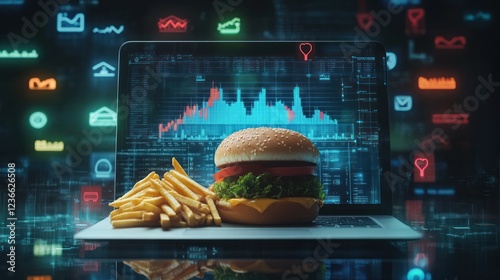 Burger and Fries on Laptop with Stock Market Data