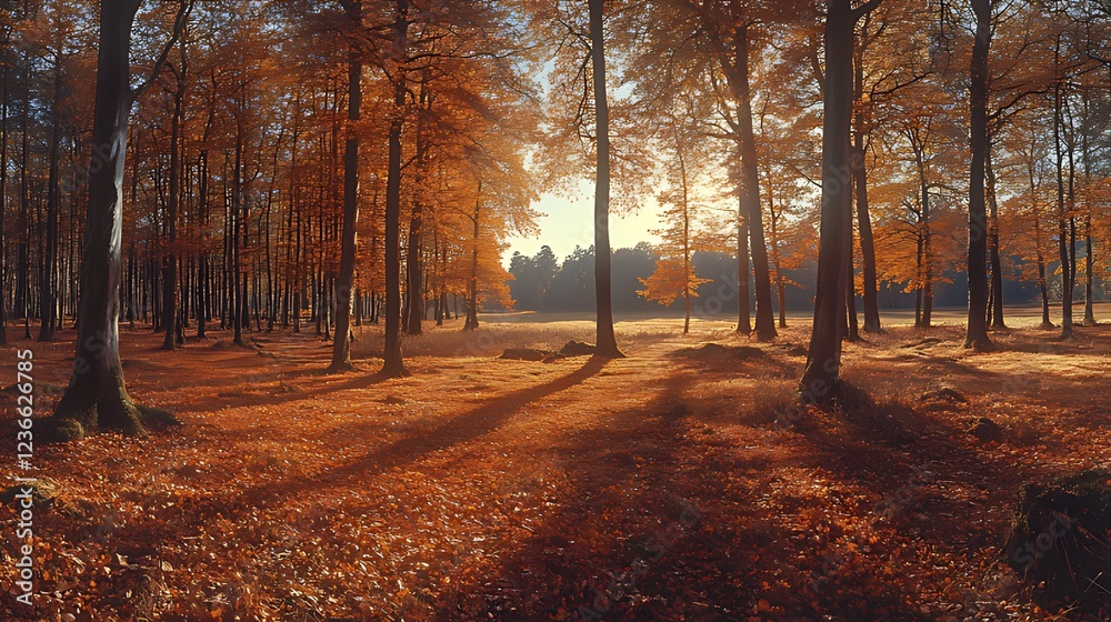 Fototapeta premium Sunlit autumn forest with golden leaves and tall trees casting long shadows.