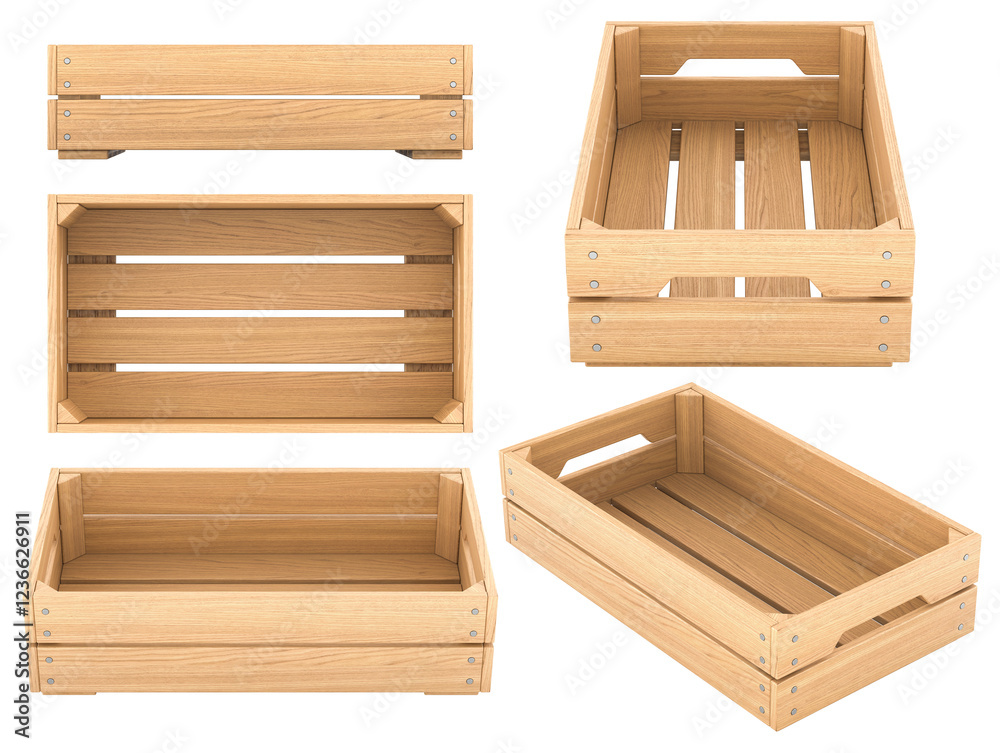 Empty wooden crates, different views and angles. 3D rendering isolated on transparent background