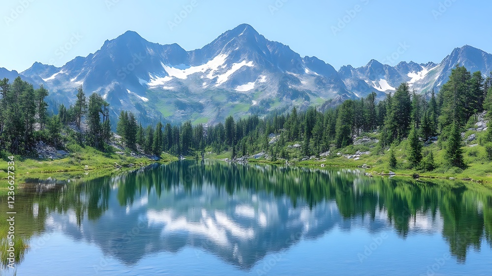 Majestic mountain range reflected in a tranquil alpine lake Majestic mountain range reflected in a tranquil alpine lake