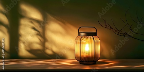 Lamp is lit on a table photo