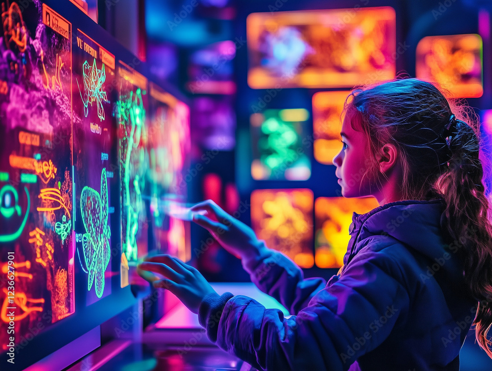 Obraz premium Neon Wonderland: Child Explores Interactive Digital Art